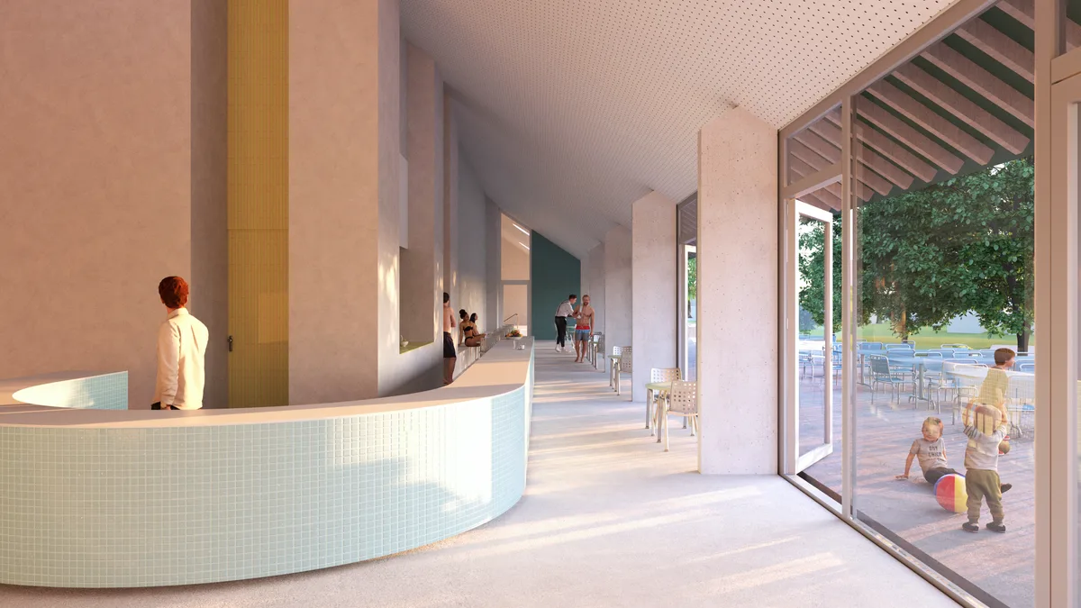 Die neue Cafeteria ist auf den Winter- und Sommerbetrieb ausgelegt. Visualisierung Innenbereich Hallenbad.